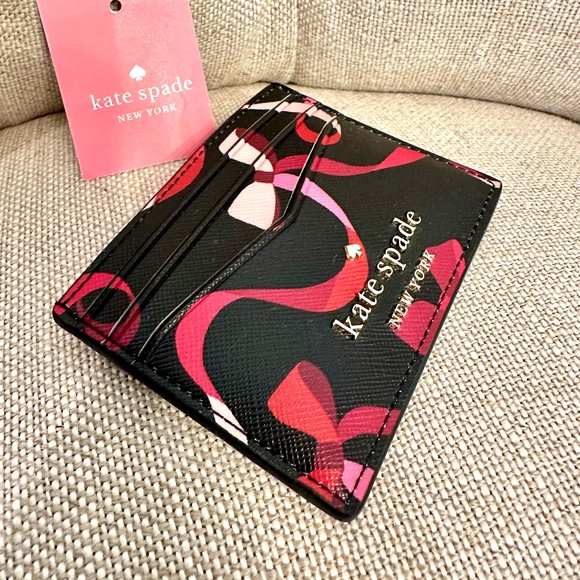 NEW Kate Spade Staci Ribbon Bow Print Card Case Holder Wallet Black Multi - Picture 2 of 5